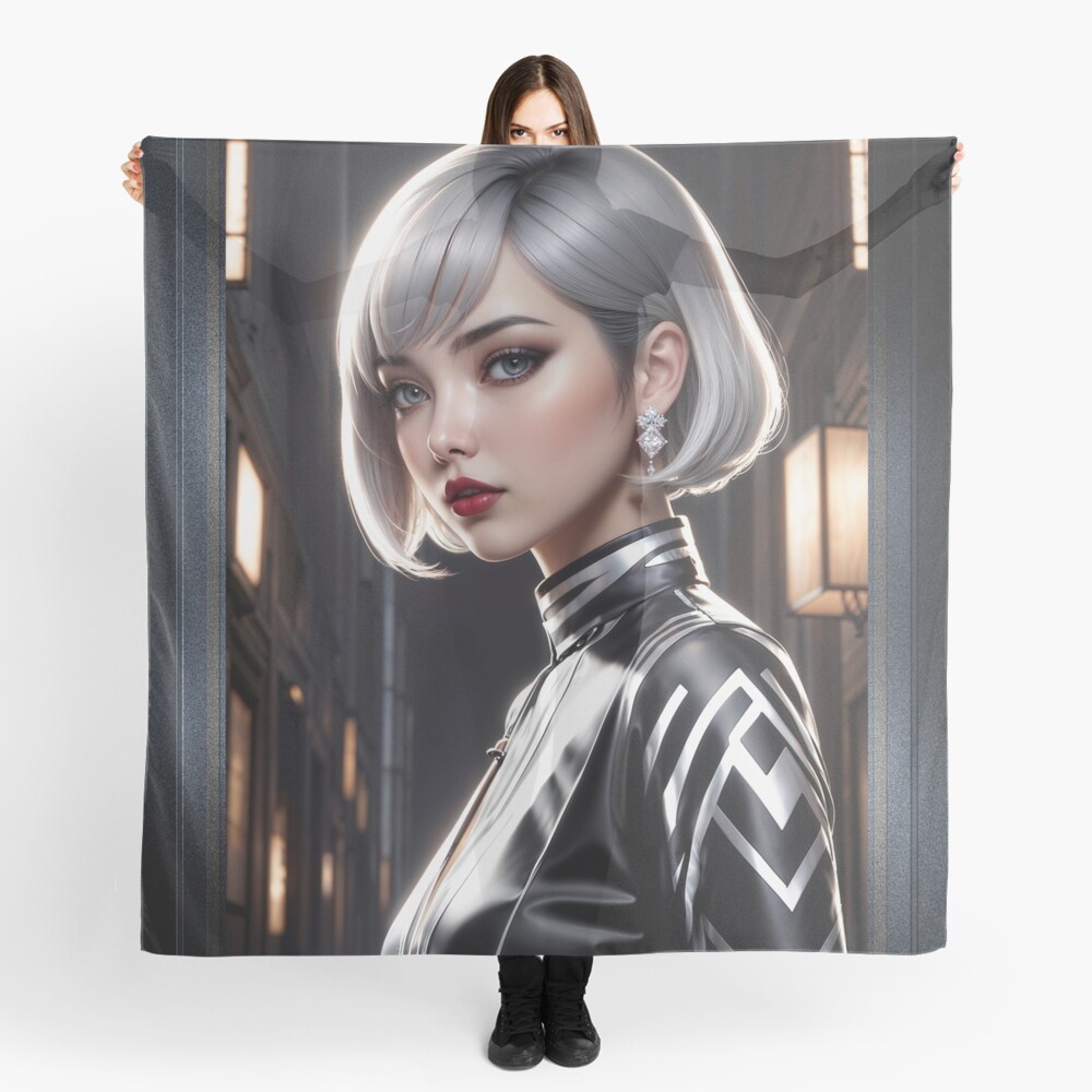 Silver Beauty Ieshatae Nimea A Portrait Of Modern Elegance Stunning AI Concept Art by Xzendor7 Decorative Art Print Ladies Scarf