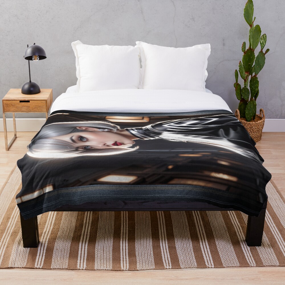 Silver Beauty Ieshatae Nimea A Portrait Of Modern Elegance Stunning AI Concept Art by Xzendor7 Decorative Art Print Throw Blanket
