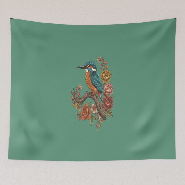 Item preview, Common Kingfisher on Rustic Vintage Floral Branch designed and sold by BirdsnStuff.