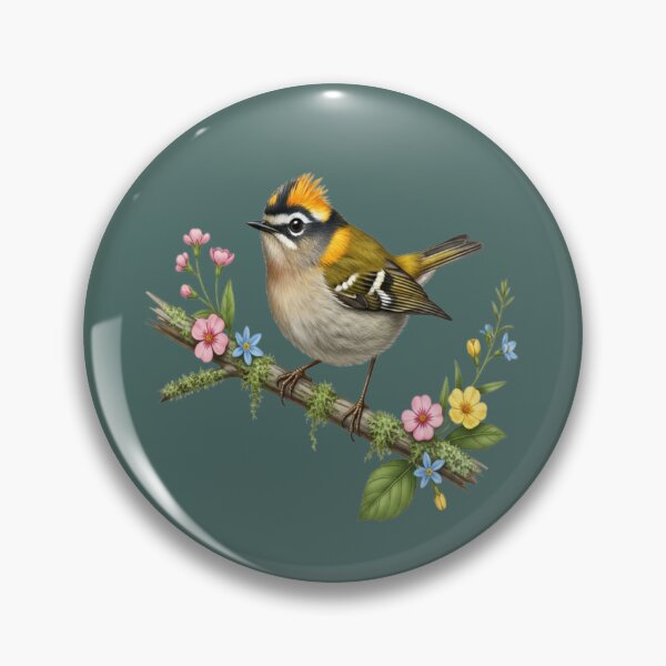 Artikelvorschau, Gewöhnlicher Sommergoldhähnchen-Vogel auf botanischem Zweig, Naturkunst entworfen und verkauft von BirdsnStuff.