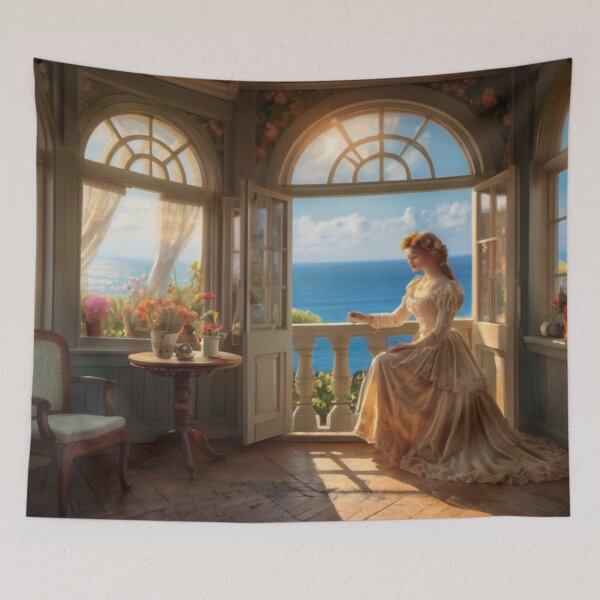 Aperçu de l'œuvre Victorian Woman Composing Letters with Ocean View créée et vendue par BlareBlare.