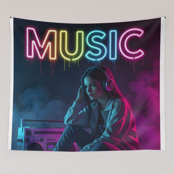 Item preview, Woman with headphones and retro boom box designed and sold by Salimgor Hangaround Music.