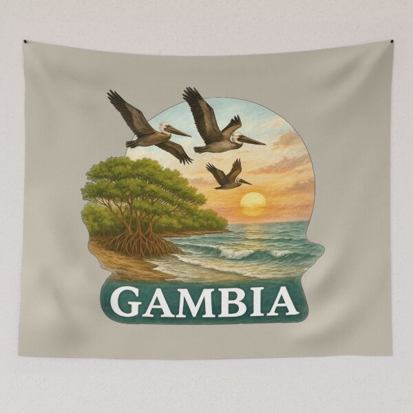 Item preview, Gambia Coastal Sunset - Pelicans, Mangroves & Ocean designed and sold by Myra365Art.