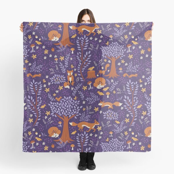 Foxes Playing in a Purple Forest Scarf