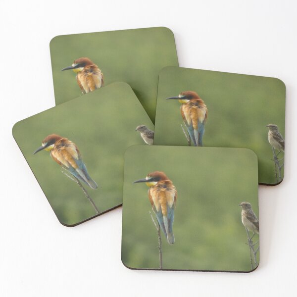 Item preview, European Bee-eater and Stonechat on a Branch designed and sold by tothkataphoto.