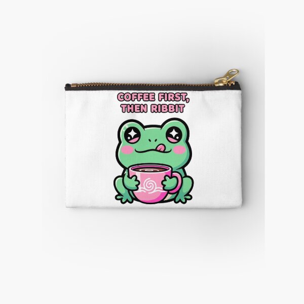 Aperçu de l'œuvre Grenouille de dessin animé mignonne buvant du café, citation drôle créée et vendue par PixeloraStudio.