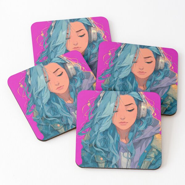 Item preview, Blue Hair Girl Reading with Headphones on Pink Background designed and sold by daila70.