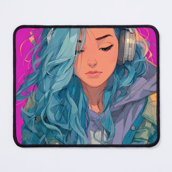 Item preview, Blue Hair Girl Reading with Headphones on Pink Background designed and sold by daila70.