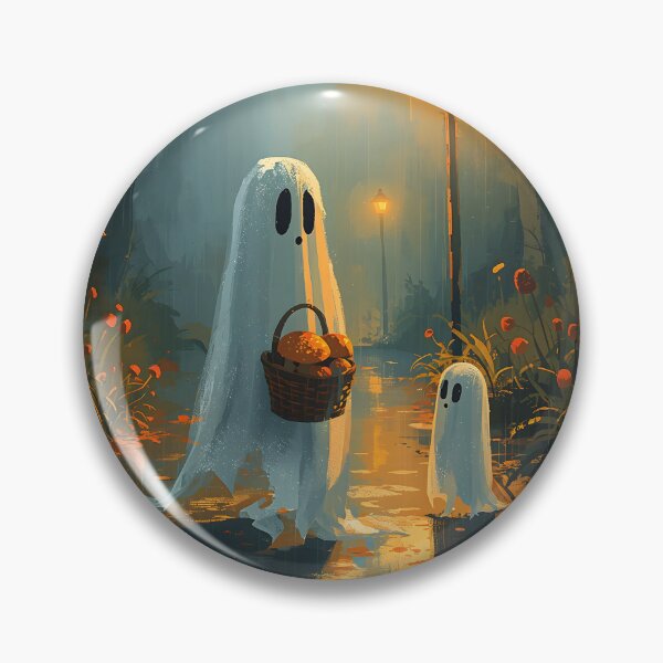 Item preview, Parent and child ghosts on lantern‑lit forest path |  Misty forest walk, cozy halloween poster designed and sold by Artific-Dragon.