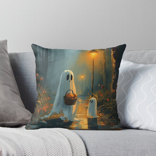 Item preview, Parent and child ghosts on lantern‑lit forest path |  Misty forest walk, cozy halloween poster designed and sold by Artific-Dragon.