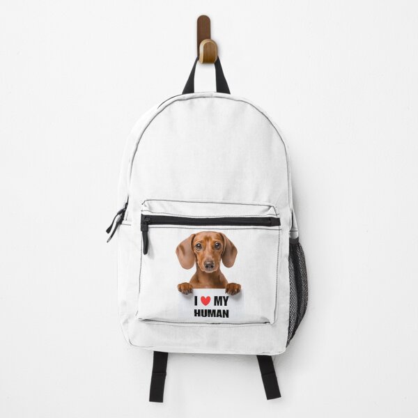 Aperçu de l'œuvre Teckel mignon avec panneau « J'aime mon humain » créée et vendue par LazyOwlStore.