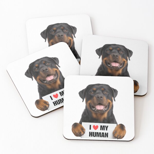 Aperçu de l'œuvre Rottweiler mignon avec panneau « J'aime mon humain » créée et vendue par LazyOwlStore.