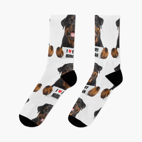 Aperçu de l'œuvre Rottweiler mignon avec panneau « J'aime mon humain » créée et vendue par LazyOwlStore.
