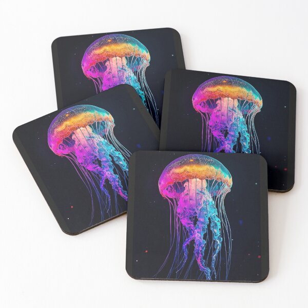Item preview, Colorful Glowing Jellyfish Wall Art – Vibrant Neon Ocean Life on Black Background designed and sold by ColorSplash123.