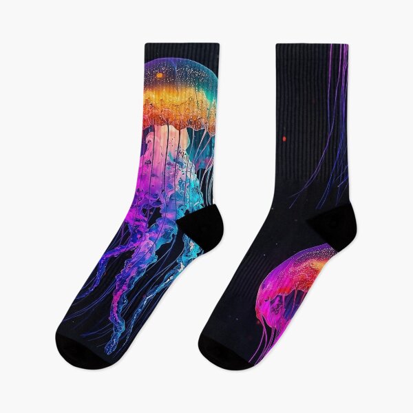 Item preview, Colorful Glowing Jellyfish Wall Art – Vibrant Neon Ocean Life on Black Background designed and sold by ColorSplash123.