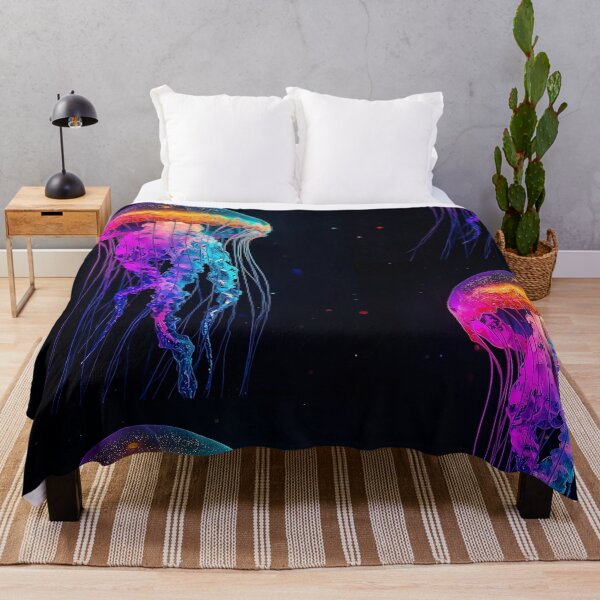 Item preview, Colorful Glowing Jellyfish Wall Art – Vibrant Neon Ocean Life on Black Background designed and sold by ColorSplash123.