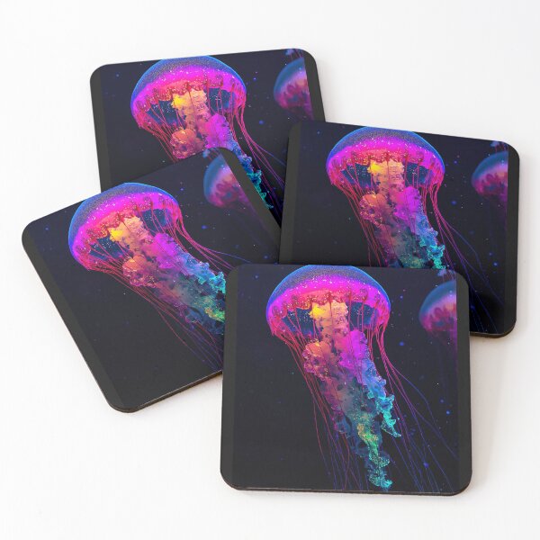 Item preview, Colorful Glowing Jellyfish Wall Art – Vibrant Neon Ocean Life on Black Background designed and sold by ColorSplash123.