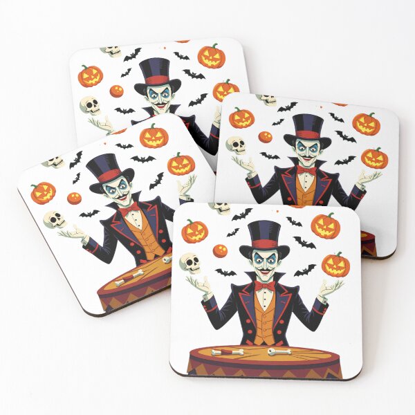 Item preview, Magician performs at a Halloween-themed circus event with pumpkins and skulls, captivating the audience under colorful decorations designed and sold by SpaceartLilu.