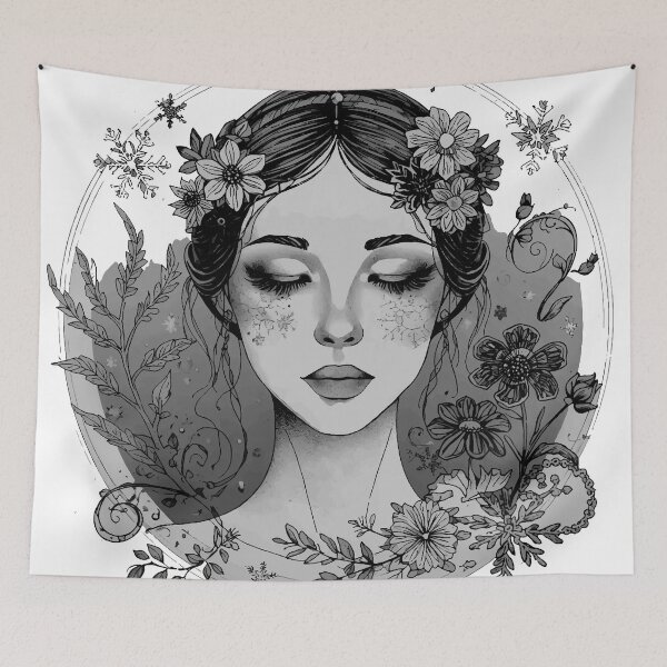 Item preview, Winter Goddess Illustration with Snowflakes and Frozen Flowers Fine Line Art Boho Style  designed and sold by  Ojo de Lilith.