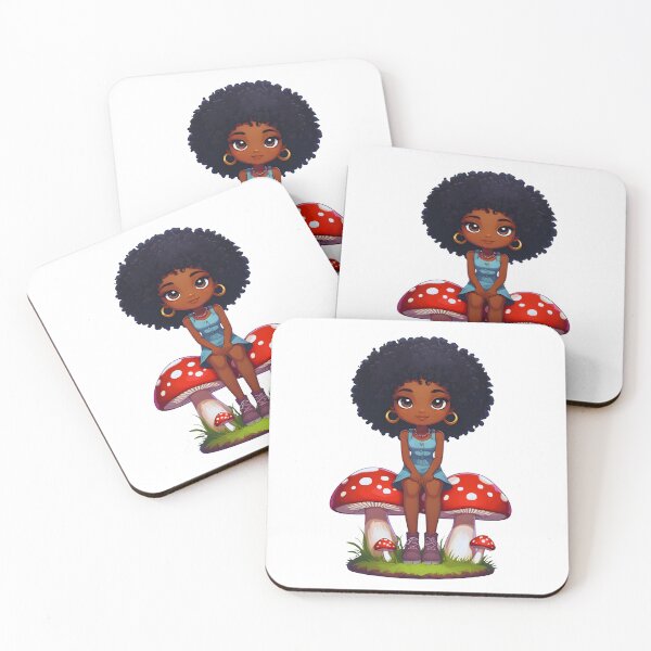 Item preview, Afro Fairy – Black Anime Girl in Blue Dress on Red Mushrooms designed and sold by OsasChild.