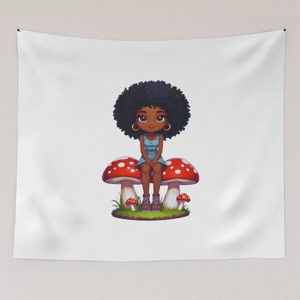 Item preview, Afro Fairy – Black Anime Girl in Blue Dress on Red Mushrooms designed and sold by OsasChild.