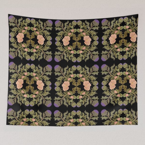 Item preview, Botanical composition of pink poppies and artichokes flowers on black background on black background. Botanical watercolor illustration hand drawn designed and sold by Grin Katalina Floral Patterns & Cozy Art.