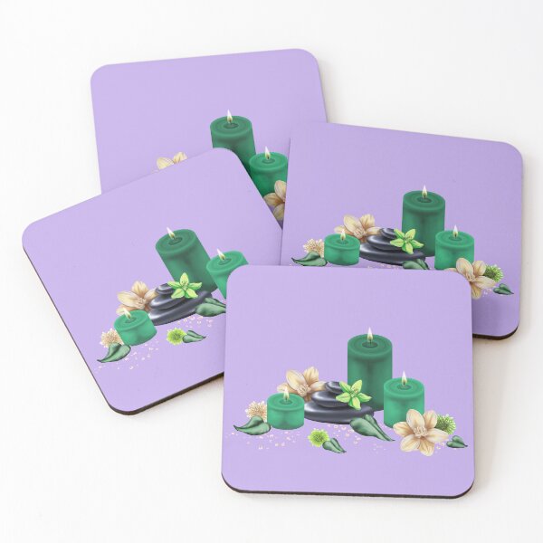 Item preview, A harmonious wellness still life with candles, orchid blossoms, stones and leaves in green tones for relaxation and well-being designed and sold by katecheerycake.