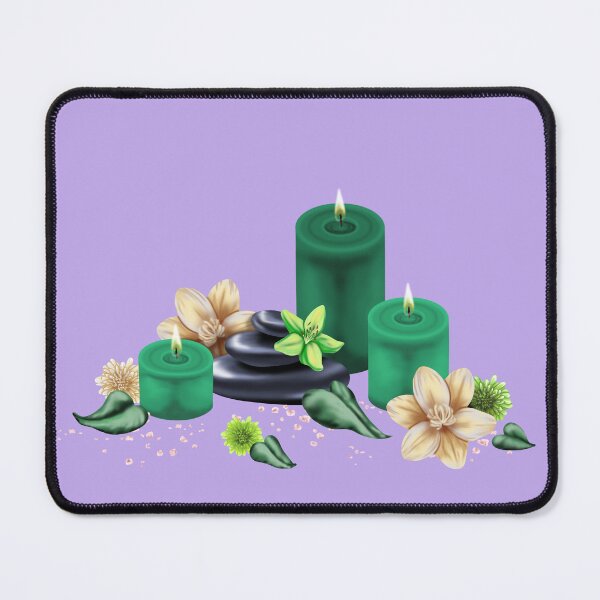 Item preview, A harmonious wellness still life with candles, orchid blossoms, stones and leaves in green tones for relaxation and well-being designed and sold by katecheerycake.