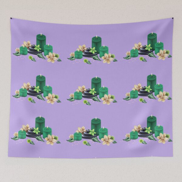 Item preview, A harmonious wellness still life with candles, orchid blossoms, stones and leaves in green tones for relaxation and well-being designed and sold by katecheerycake.