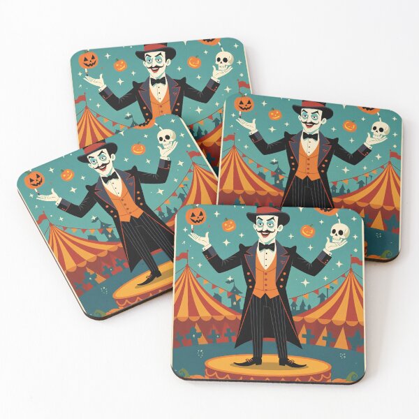 Item preview, In circus Magician performs at a Halloween-themed event with pumpkins and skulls designed and sold by SpaceartLilu.