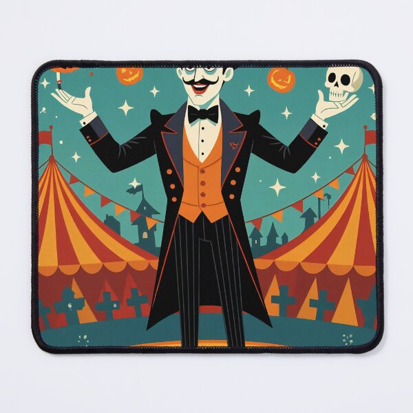 Item preview, In circus Magician performs at a Halloween-themed event with pumpkins and skulls designed and sold by SpaceartLilu.