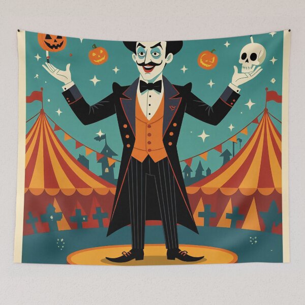 Item preview, In circus Magician performs at a Halloween-themed event with pumpkins and skulls designed and sold by SpaceartLilu.
