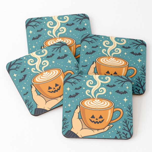 Item preview, Warm orange Cappuccino with spider web design enjoyed in a cozy setting on a cool autumn night Halloween  designed and sold by SpaceartLilu.