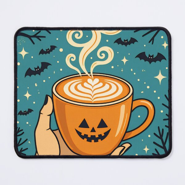 Item preview, Warm orange Cappuccino with spider web design enjoyed in a cozy setting on a cool autumn night Halloween designed and sold by SpaceartLilu.