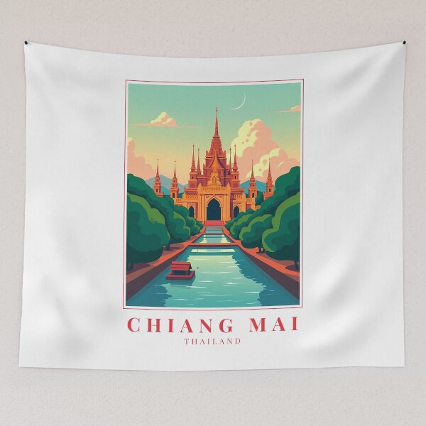 Item preview, Chiang Mai Thailand Illustration – Lanterns, Temples & Mountain Calm designed and sold by MapMyMiles.