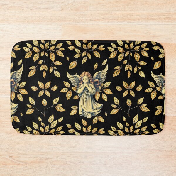 Aperçu de l'œuvre Motif vintage sans couture d'ange priant avec feuilles dorées sur fond noir - Motif élégant de chérubin pour vêtements, décoration intérieure et cadeaux créée et vendue par TheGaliyaStudio.
