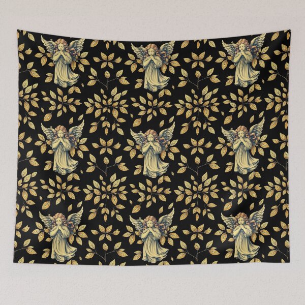 Item preview, Vintage Praying Angel Seamless Pattern with Golden Leaves on Black Background - Elegant Cherub Design for Apparel, Home Decor, and Gifts designed and sold by TheGaliyaStudio.