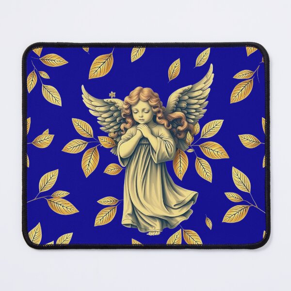 Item preview, Ethereal Praying Cherub Seamless Pattern with Golden Leaves on Blue Background - Vintage Angel Design for Clothing, accessories, and Home Goods designed and sold by TheGaliyaStudio.