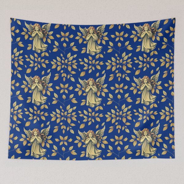 Item preview, Ethereal Praying Cherub Seamless Pattern with Golden Leaves on Blue Background - Vintage Angel Design for Clothing, accessories, and Home Goods designed and sold by TheGaliyaStudio.