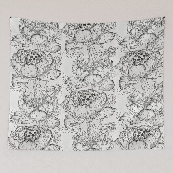 Item preview, Peony Flowers with Ladybug-Botanical Black and White Line Art designed and sold by GTeoArt.