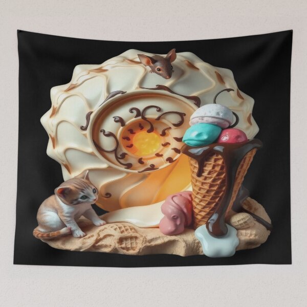 Item preview, Curious Kitten and Greedy Ice Cream – Ceramic Fantasy Sculpture with Mouse and Waffle Cone designed and sold by Ralek.