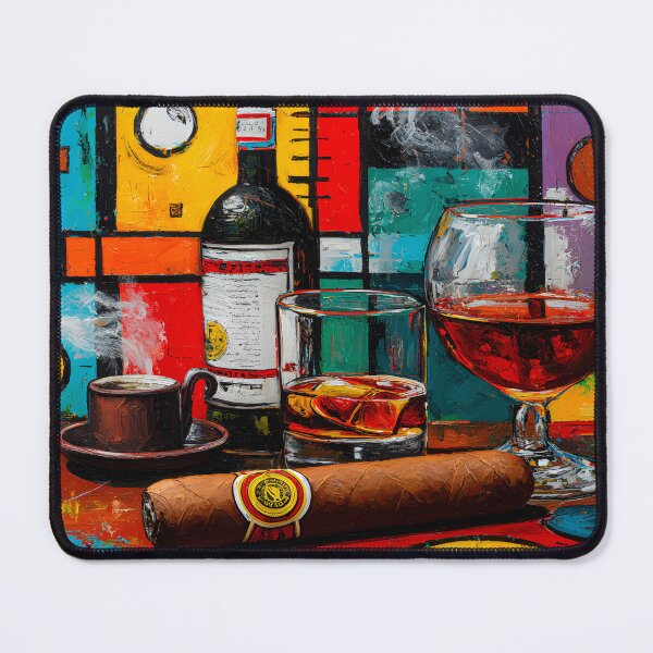 Item preview, Indulgence in Color - Coffee Whiskey Wine and Cigar Set Against Bold Geometric Energy designed and sold by OlfactoART Studio.