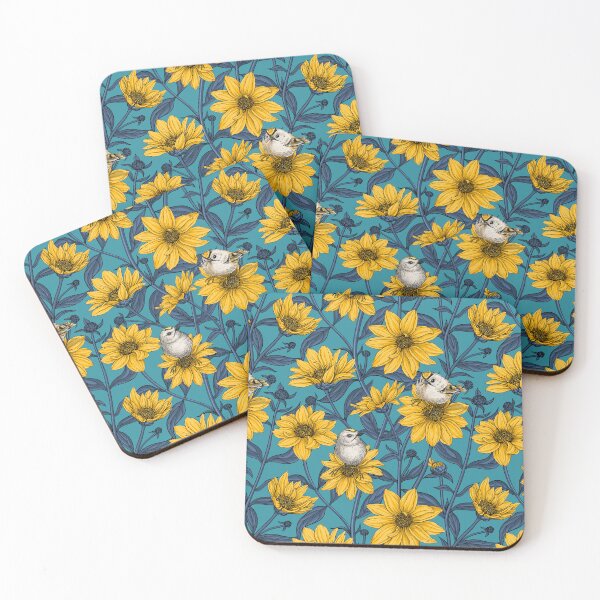 Item preview, Wild sunflowers and goldcrest birds/yellow and blue on lagoon blue designed and sold by Katerina Mitkova Kirilova.