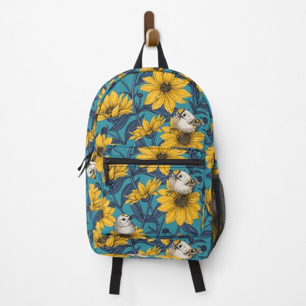 Item preview, Wild sunflowers and goldcrest birds/yellow and blue on lagoon blue designed and sold by Katerina Mitkova Kirilova.