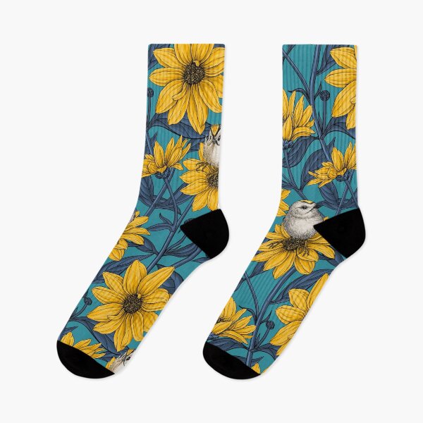 Item preview, Wild sunflowers and goldcrest birds/yellow and blue on lagoon blue designed and sold by Katerina Mitkova Kirilova.