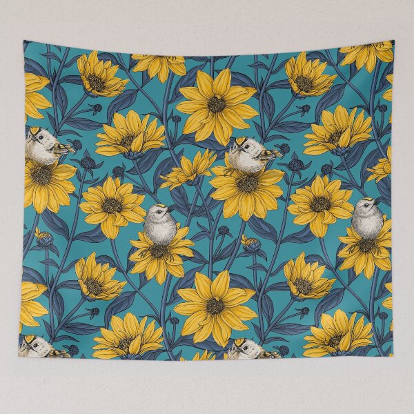 Item preview, Wild sunflowers and goldcrest birds/yellow and blue on lagoon blue designed and sold by Katerina Mitkova Kirilova.