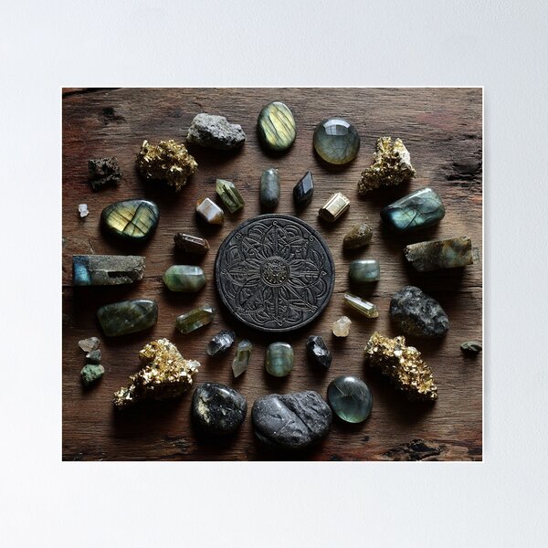 Item preview, dark gemstone crystals in golden ratio grid designed and sold by EarthenEmbers.