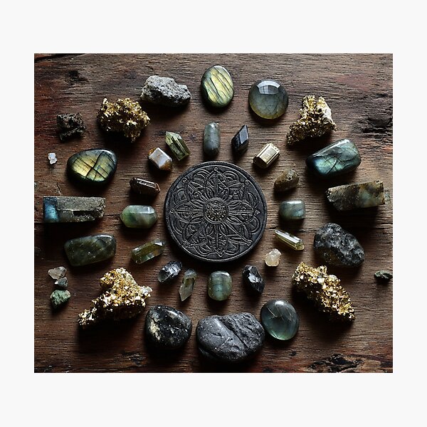 Item preview, dark gemstone crystals in golden ratio grid designed and sold by EarthenEmbers.
