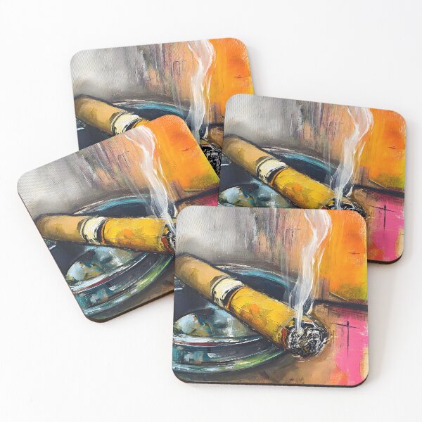 Item preview, Glowing Cigar in Blue Ashtray - A Vibrant Abstract Celebration of Smoke Indulgence and Relaxation designed and sold by OlfactoART Studio.