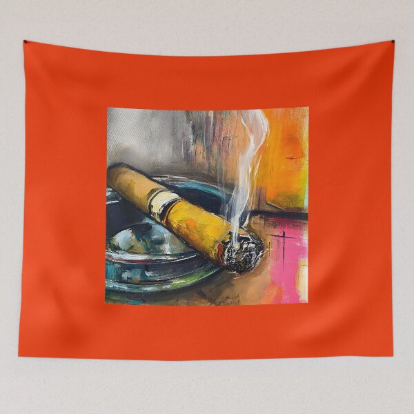 Item preview, Glowing Cigar in Blue Ashtray - A Vibrant Abstract Celebration of Smoke Indulgence and Relaxation designed and sold by OlfactoART Studio.